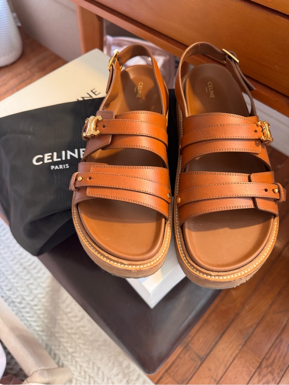 Celine Tan/Brown Leather Triple-Strap Platform Sandals